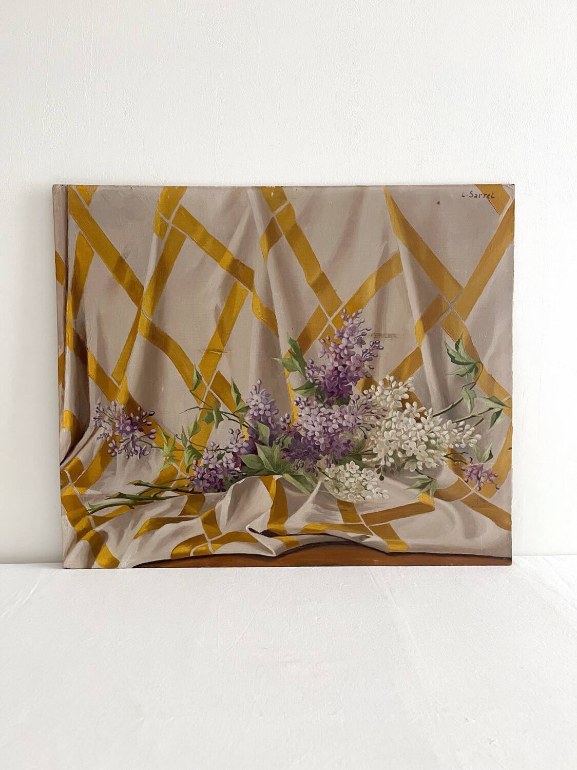 Old painting, oil on wood, lilac flowers on drapery by Sarret.