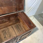 Rustic antique oak chest, original fittings and moulded panels.