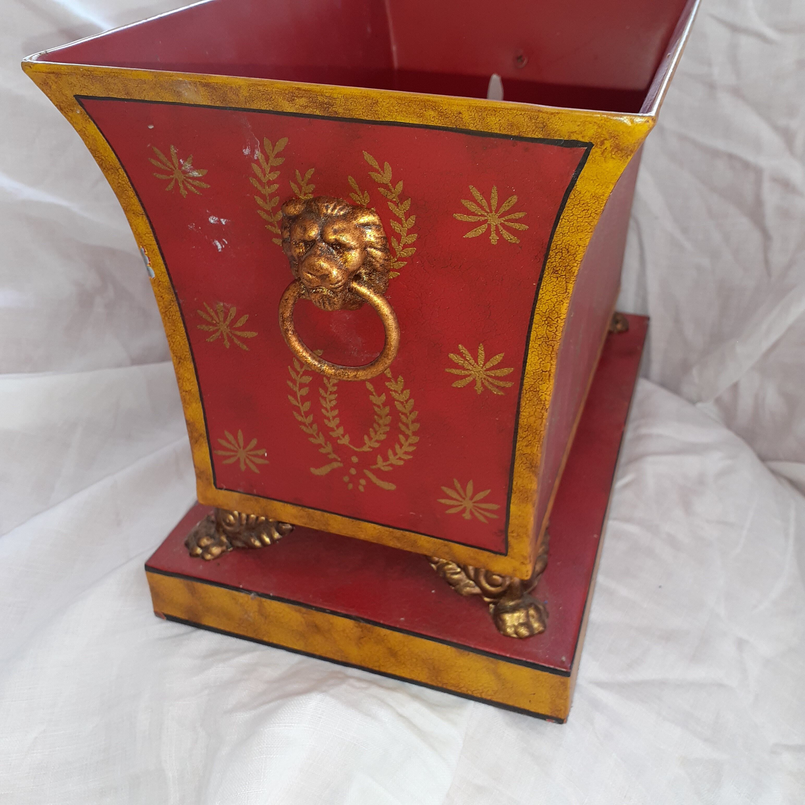 Red metal planter with pedestal 80s