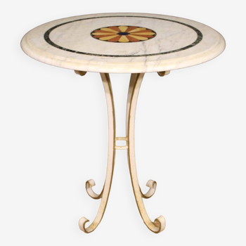 Table d'appoint italienne en fer avec plateau en marbre marqueté