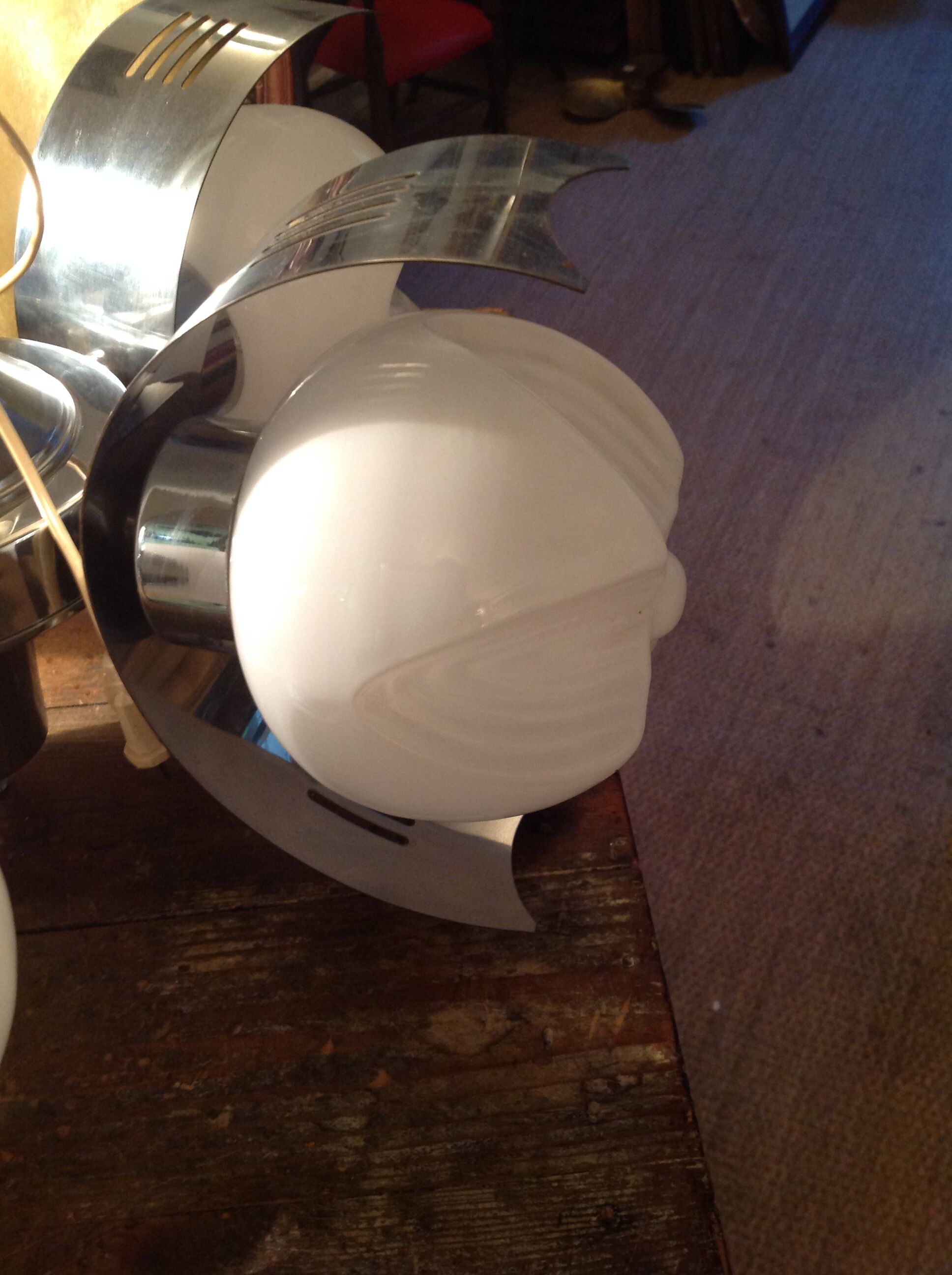 Vintage chandelier in opaline and stainless steel, 70s.