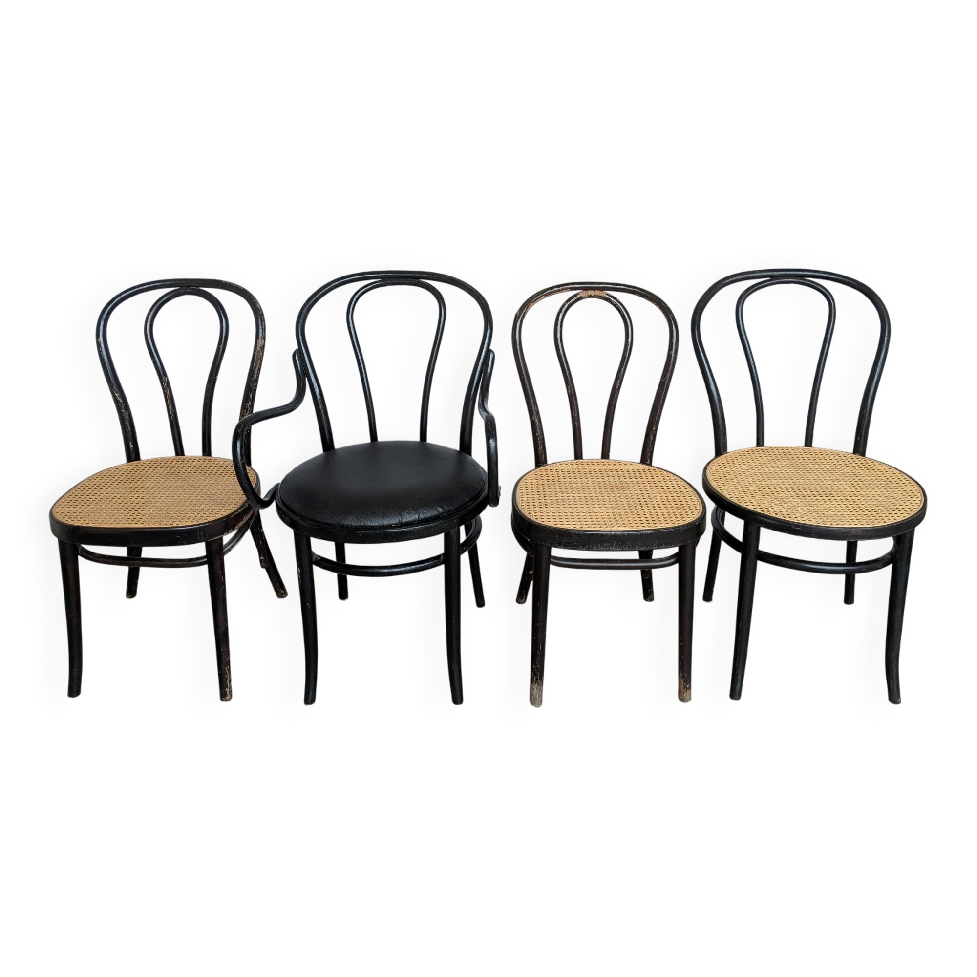 Set of 4 Mix&Match Thonet Style Dining Chairs / Black Bentwood Cane Chairs