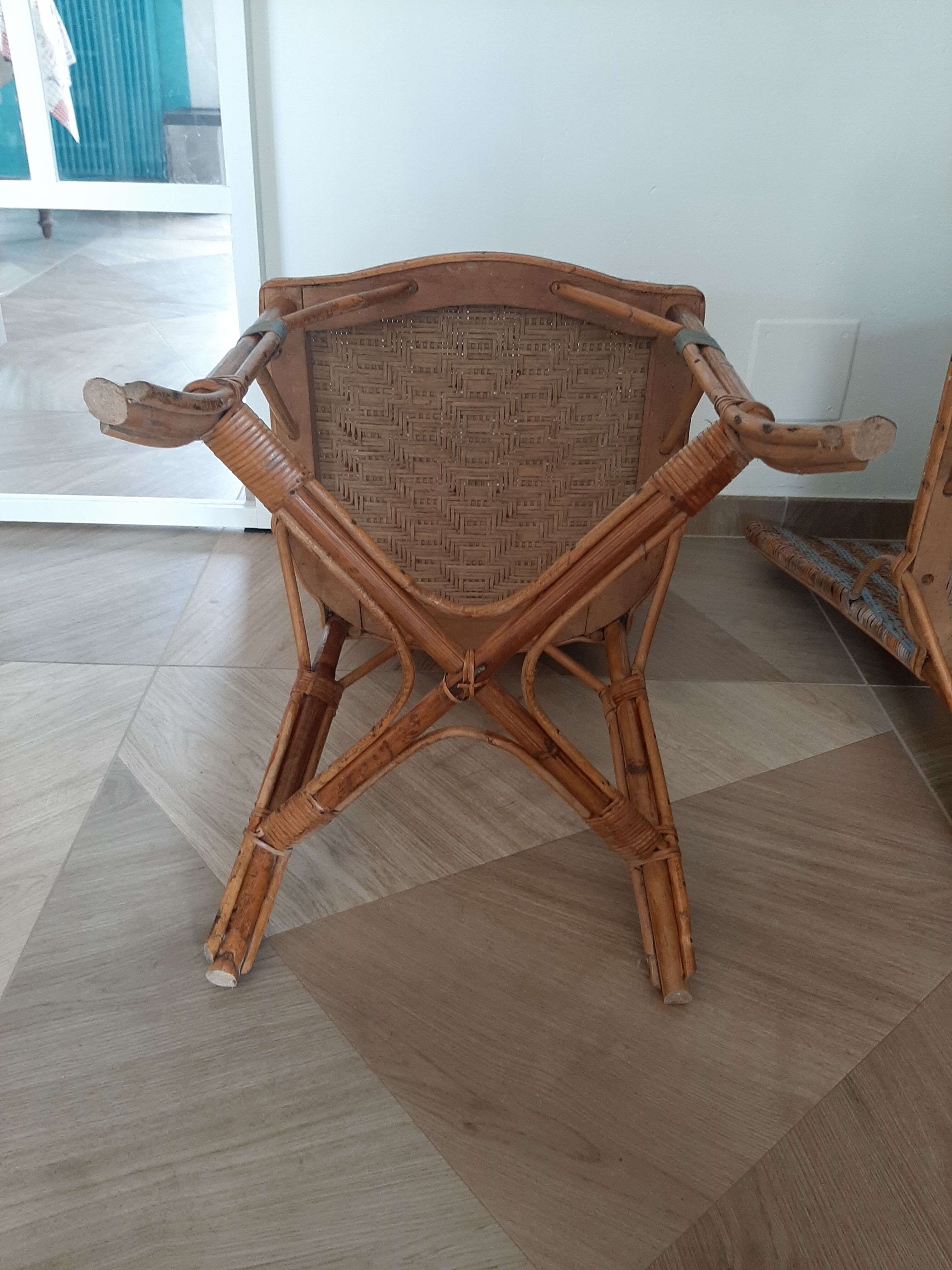 2 woven rattan garden chairs – sky blue net patterns – 1940s