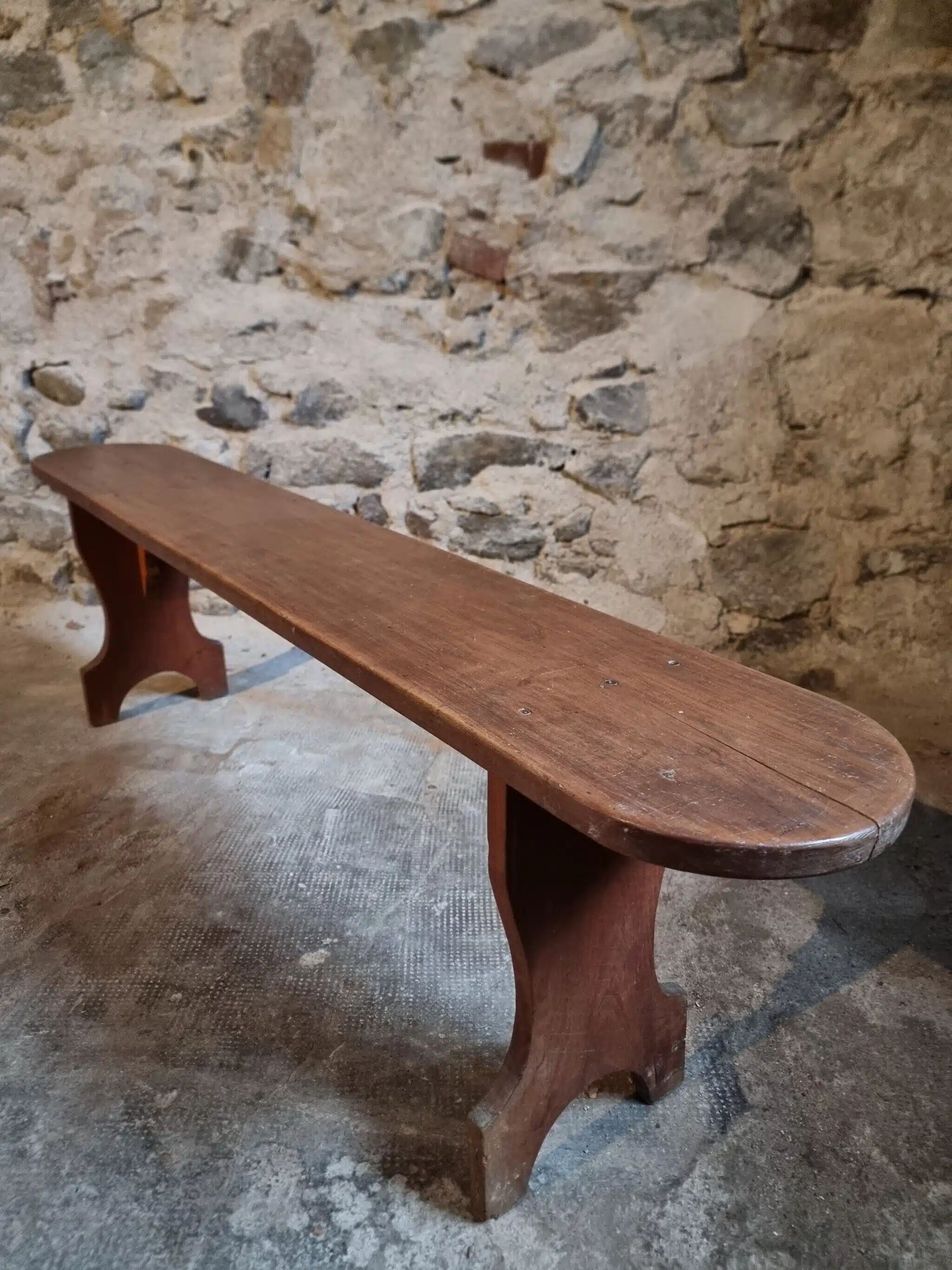 French cherry wood bench, 1930s, narrow wooden bench.