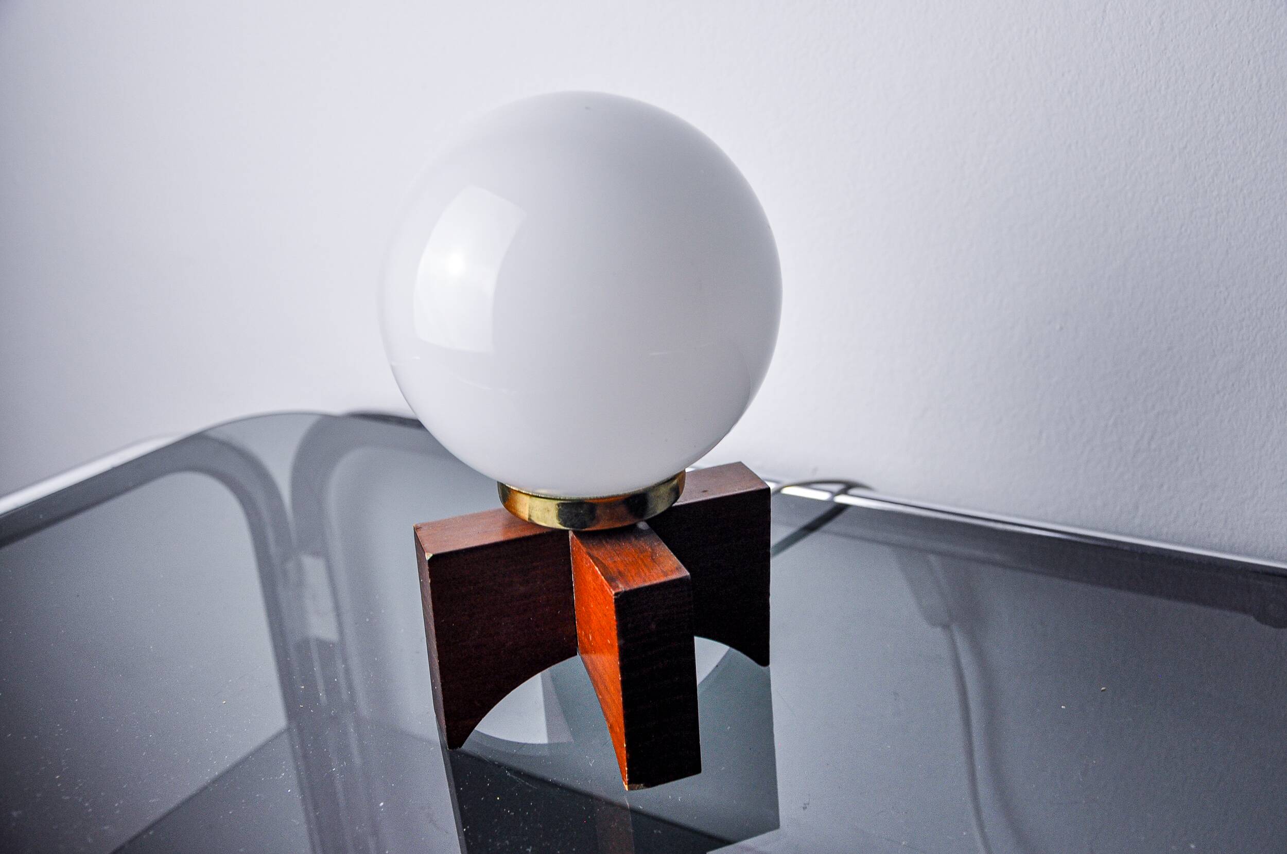 Pine table lamp and opaline globe, popular art, Spain, 1970