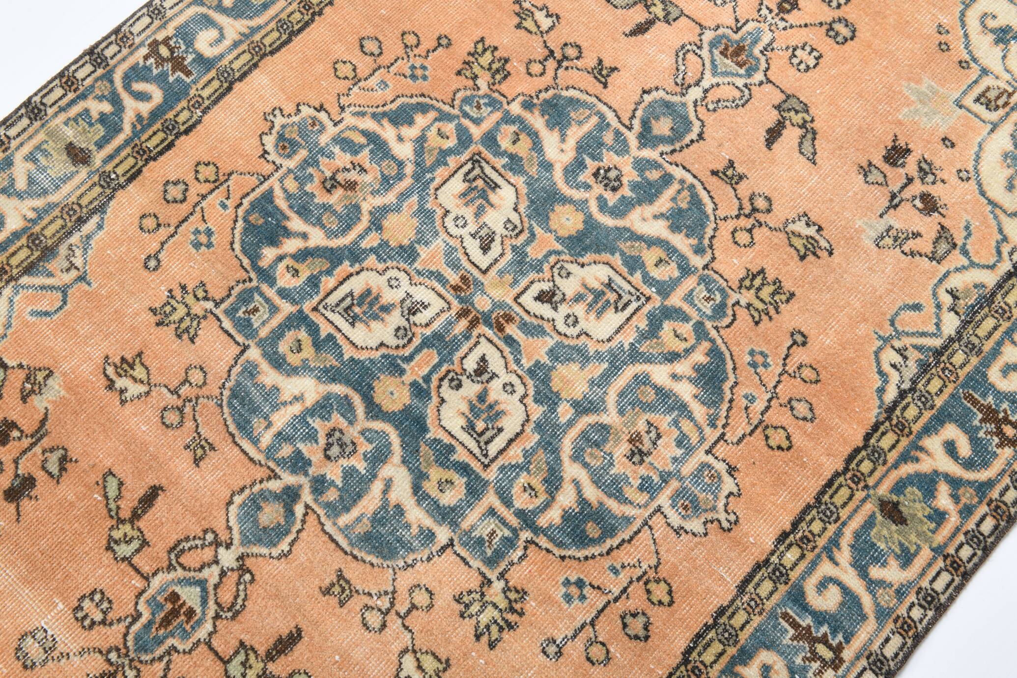 Vintage Peach Oriental Rug, Faded Petrol Blue Border, Soft Handmade Carpet