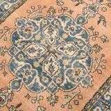 Vintage Peach Oriental Rug, Faded Petrol Blue Border, Soft Handmade Carpet