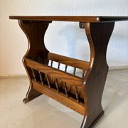 Side table, vintage turned wood magazine rack