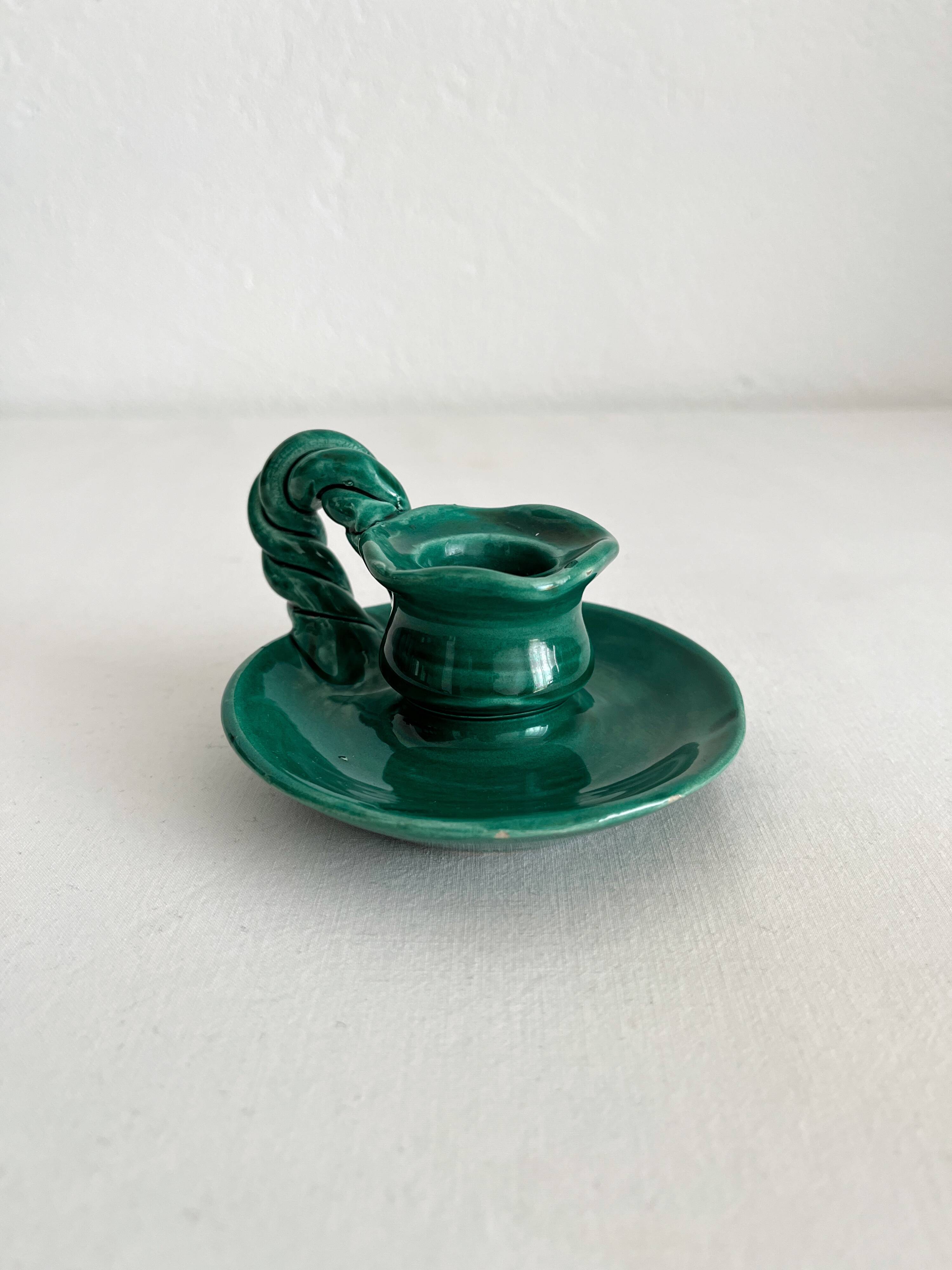 Vintage green ceramic candle holder with twisted handle
