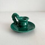 Vintage green ceramic candle holder with twisted handle