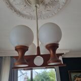 1960s Scandinavian chandelier, teak and white opaline.