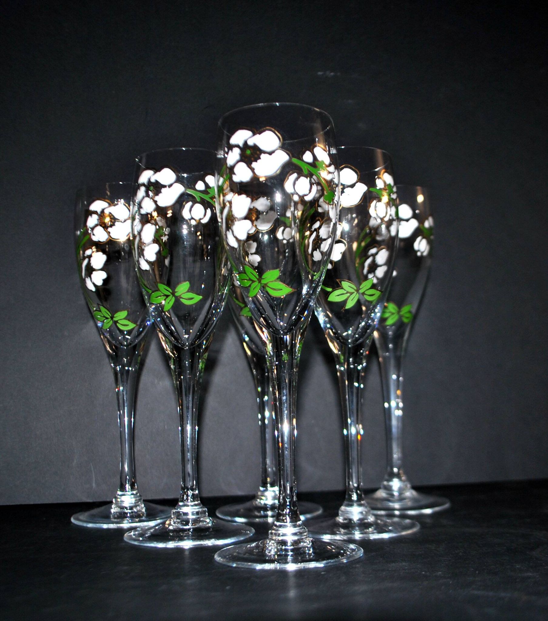 Perrier Jouet set of 6 Anemone Cuvée Belle Epoque champagne flutes in Gallé enamelled crystal