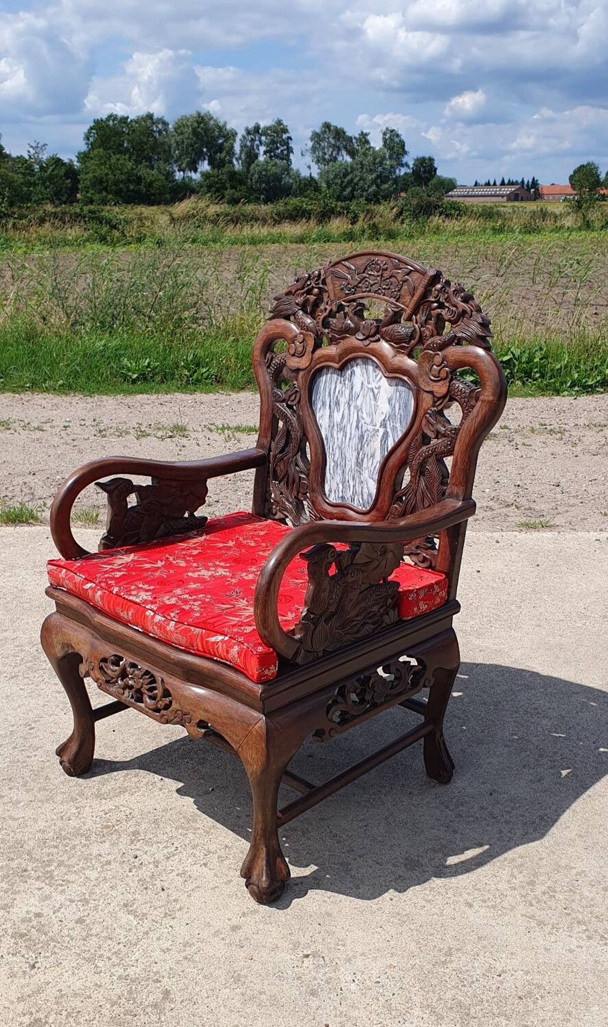 Set of 2 vintage Chinese Asian chairs in carved rosewood with marble.