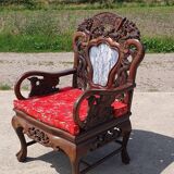 Set 2 vintage Chinese Asian chairs carved rosewood with marble