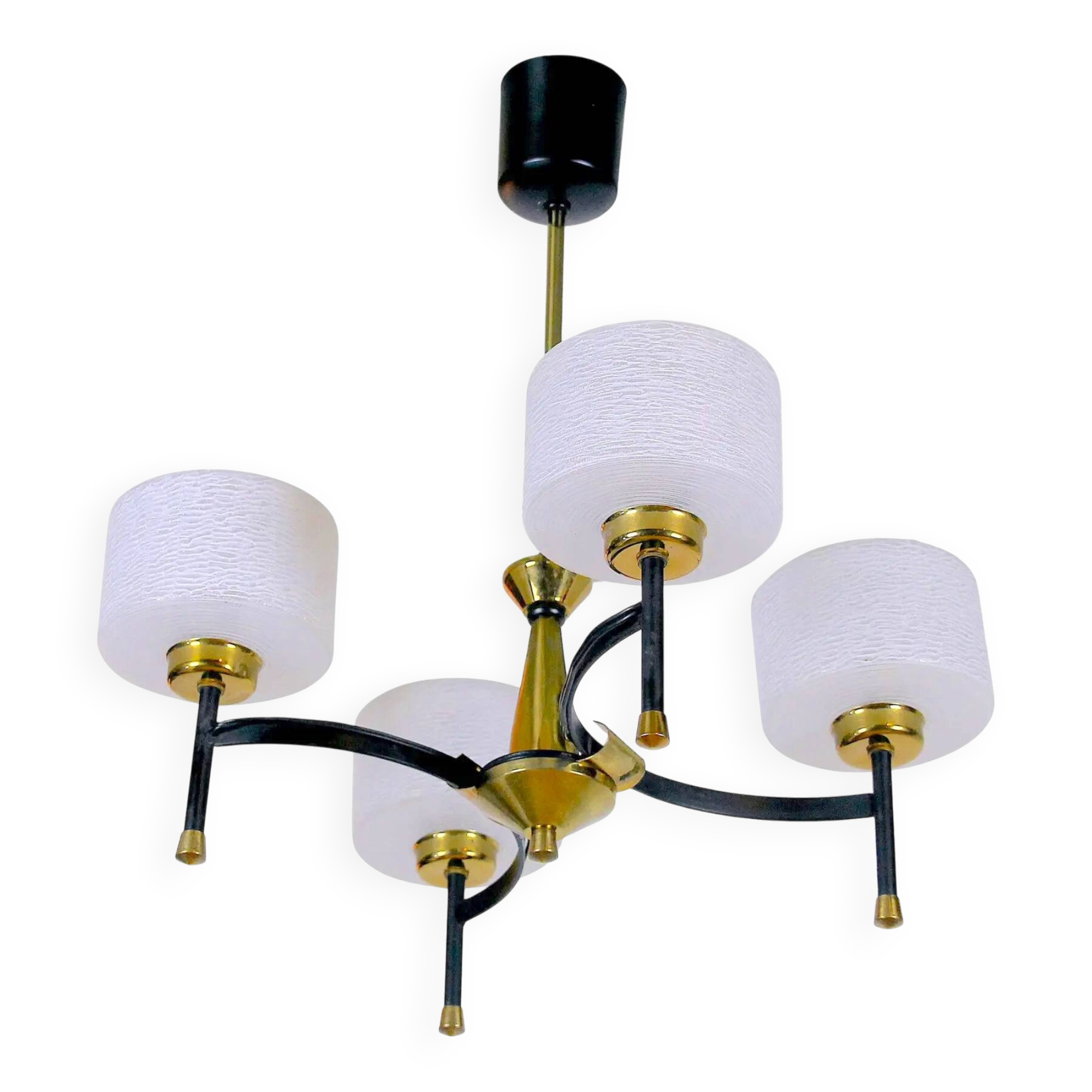 Maison Arlus, Mid-century chandelier, brass and opaline, France 1950