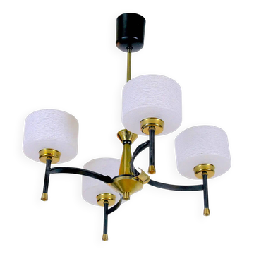 Maison Arlus, Mid-century chandelier, brass and opaline, France 1950