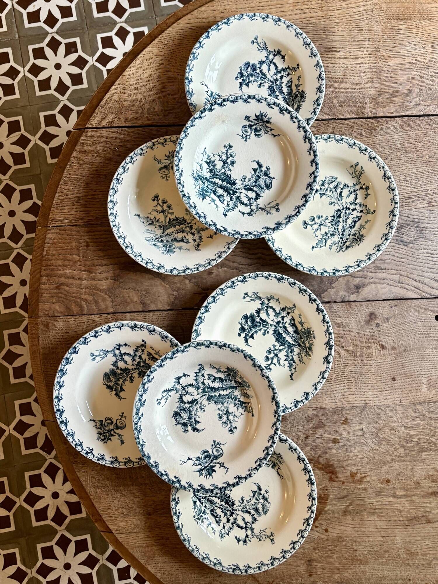 Set of 8 antique deep plates in ironstone, Chardons de Gien