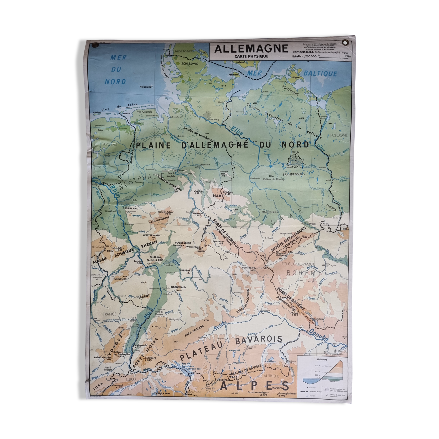 Pedagogical map MDI, 1968, reversible, physical map of Germany and economic map of Italy
