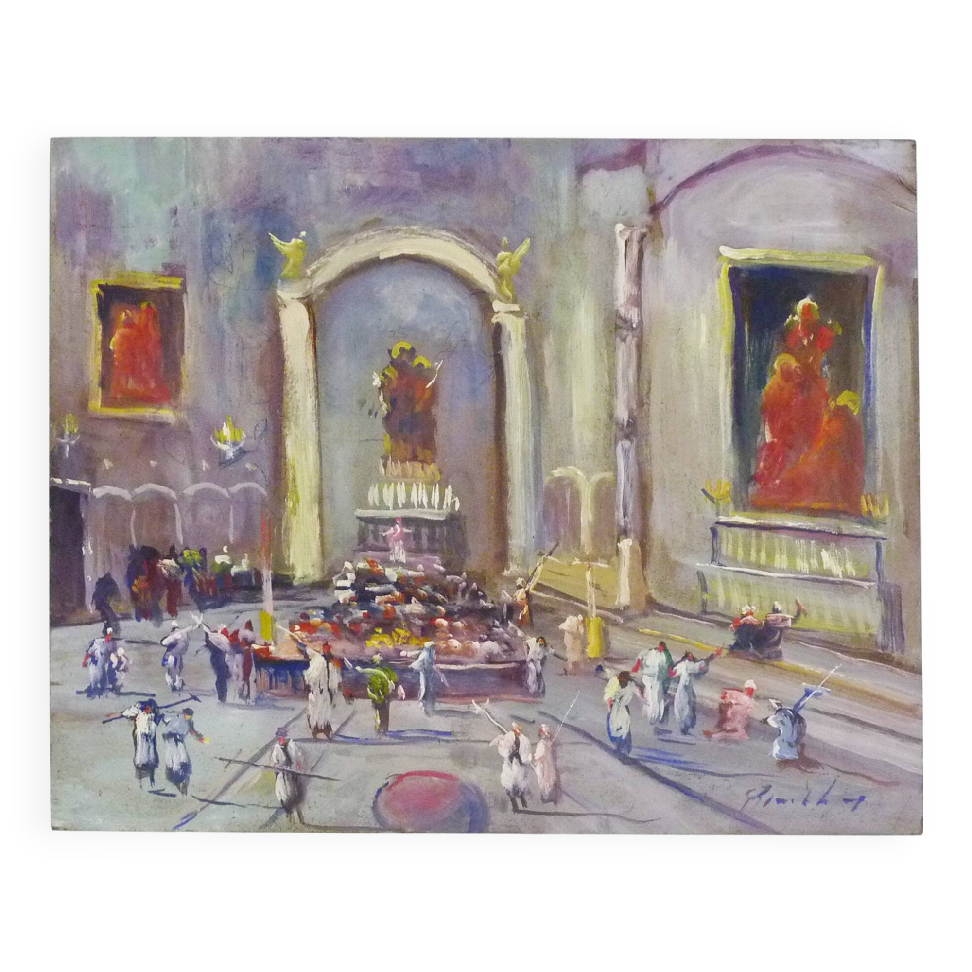 Oil on wood by Riccardo Capone Interior Church 50s 60s