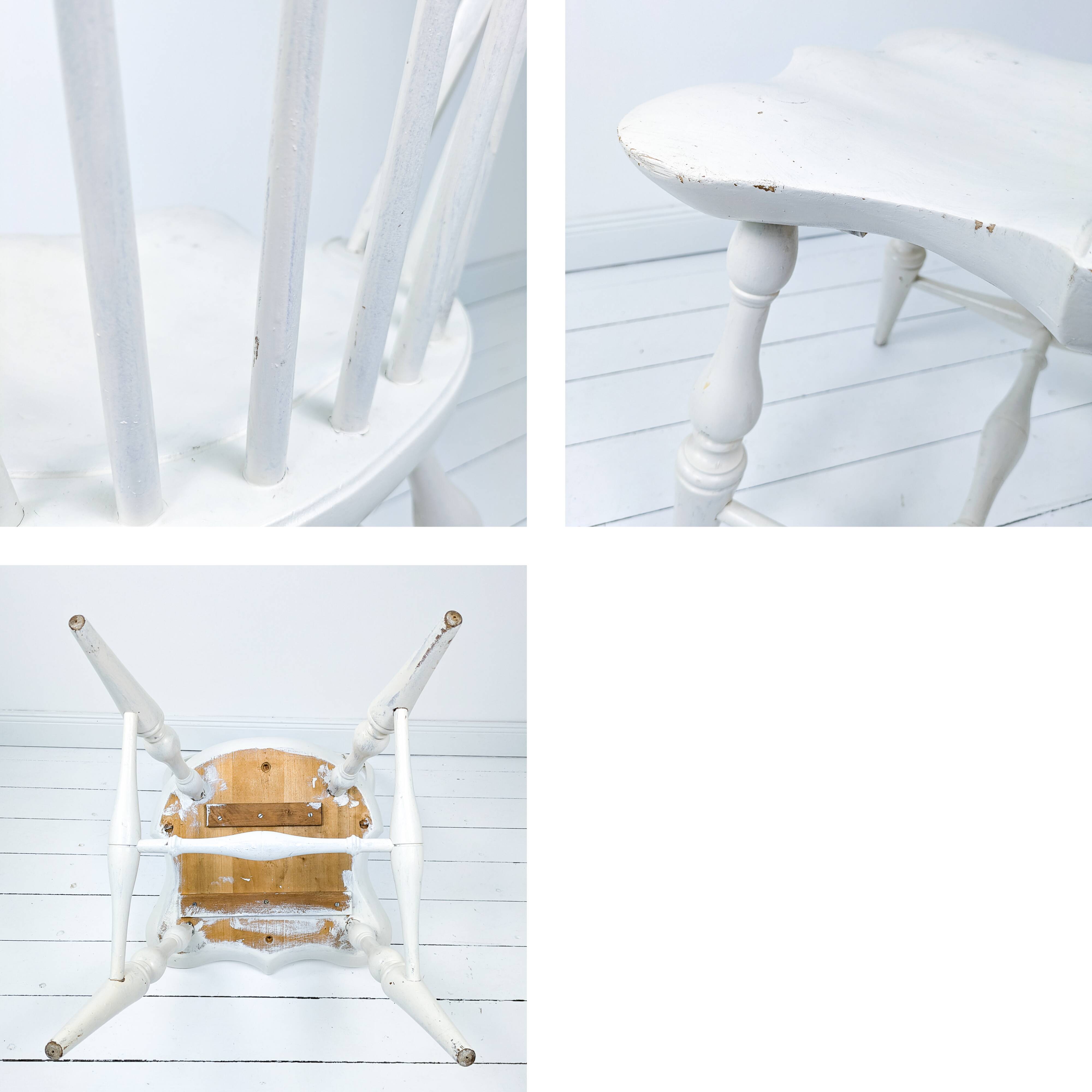 Chaise vintage en bois blanc avec dossier à barreaux, style maison de campagne