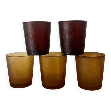 Vintage lot de 5 verres rouges et marrons effet givré