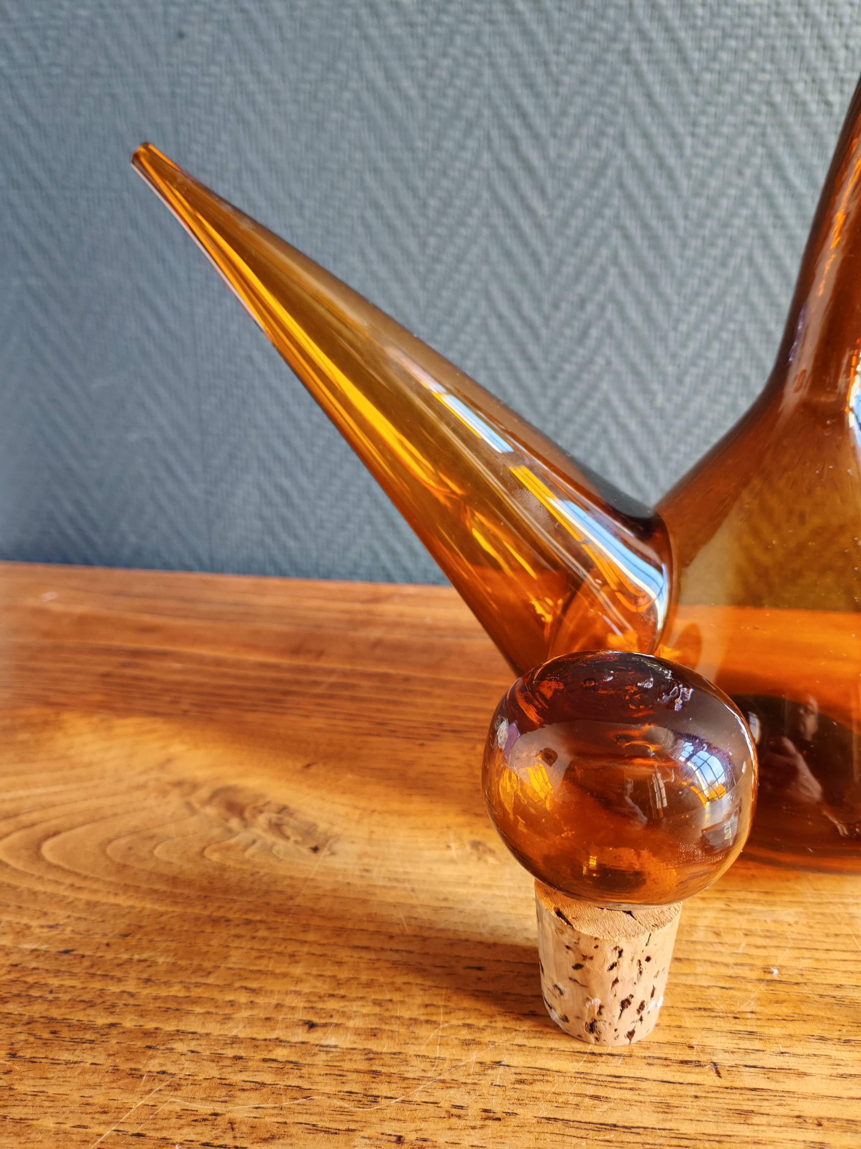 Vintage Amber Glass Wine Carafe - Artisan Decanter in Porron Style