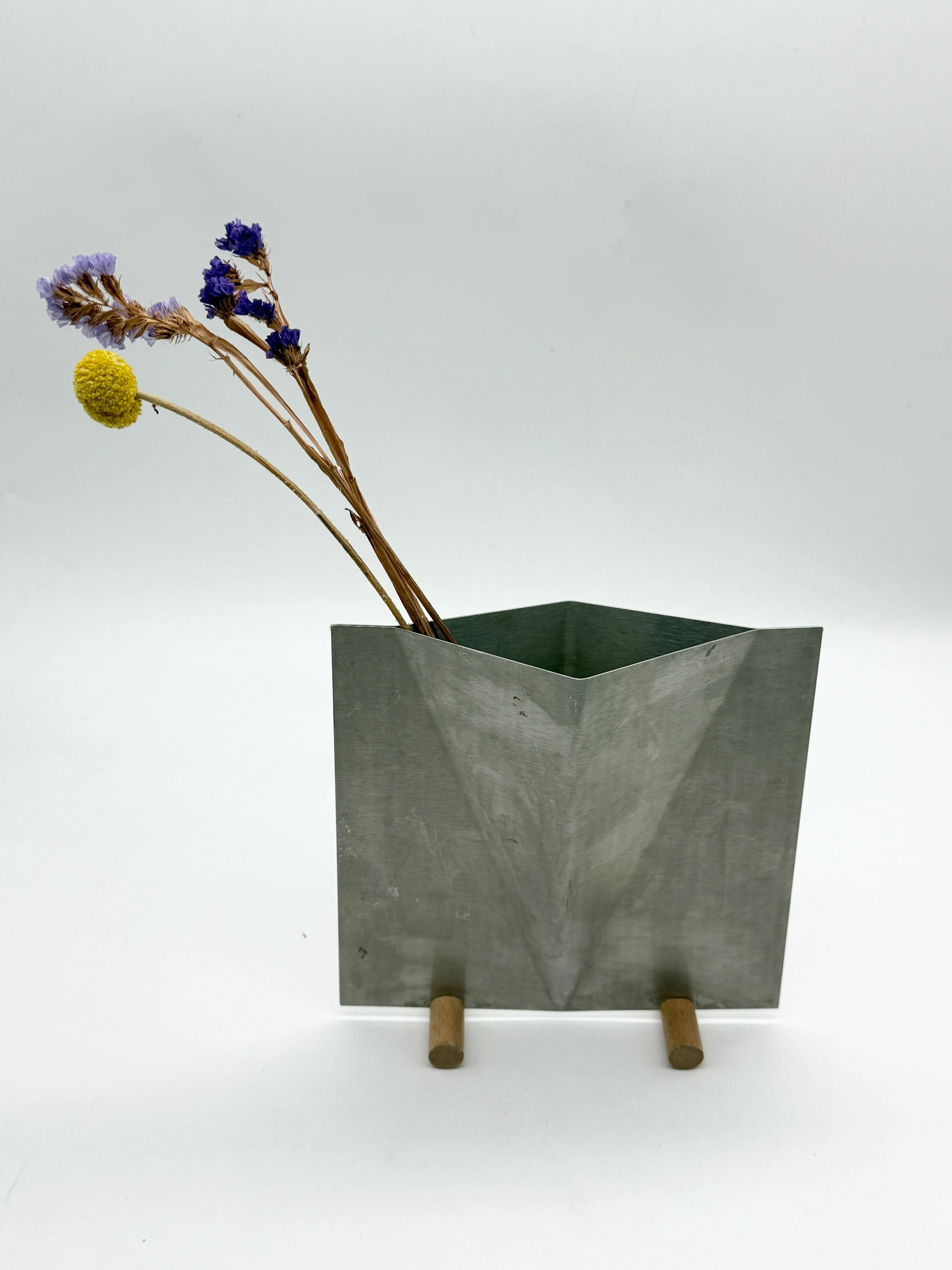 Sculptural brushed aluminium vase, 1980s
