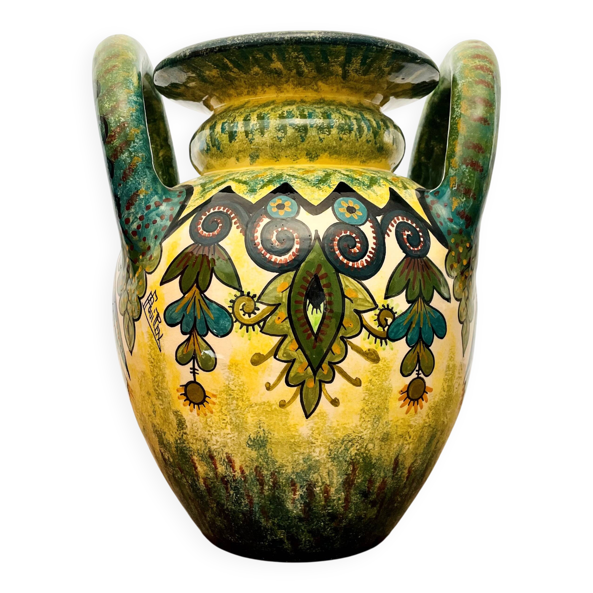 Sublime vase signed Paul Fouillen with yellow and green handles 1940