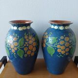 Pair of Primavera vases in blue ceramic with plant decoration 1920-1930