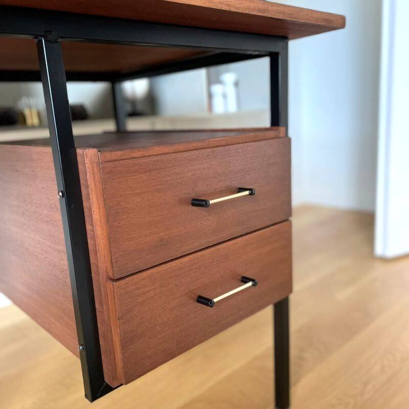 Bureau moderniste 2 tiroirs vintage en bois et métal noir