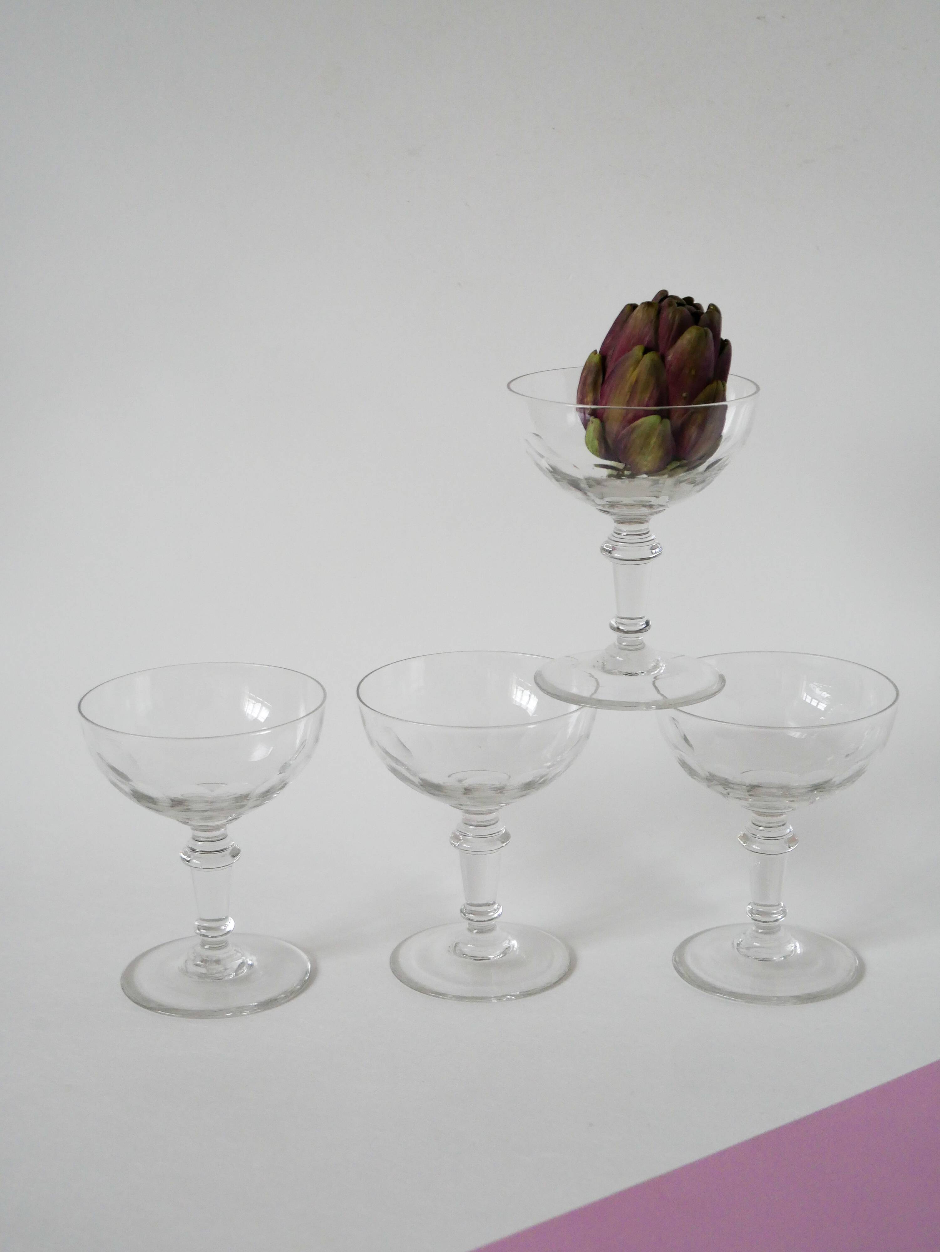 Set of 4 faceted crystal champagne glasses, 1930