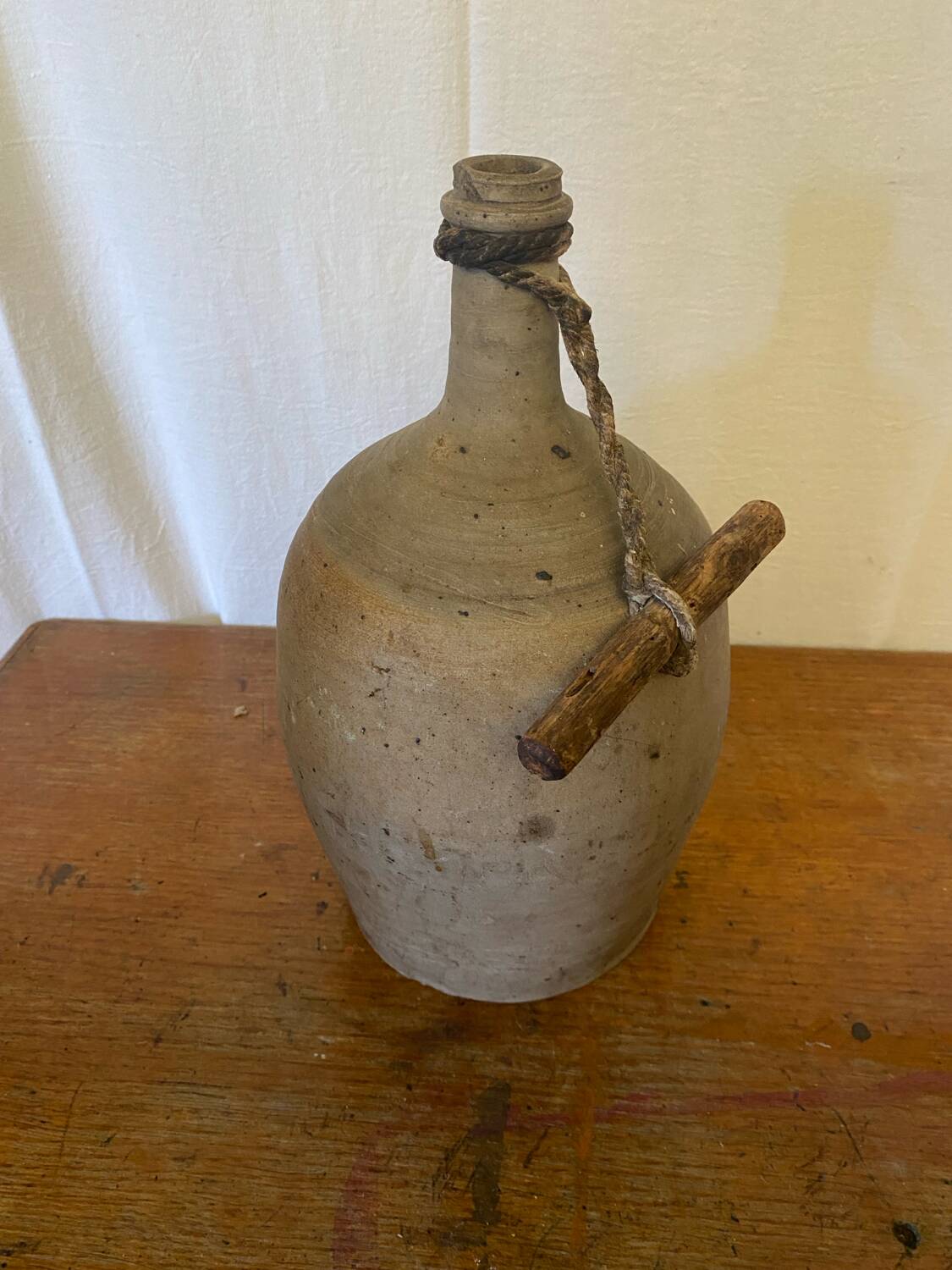 Antique Beige Stoneware Bottle + Wooden Stopper Large Volume Vintage