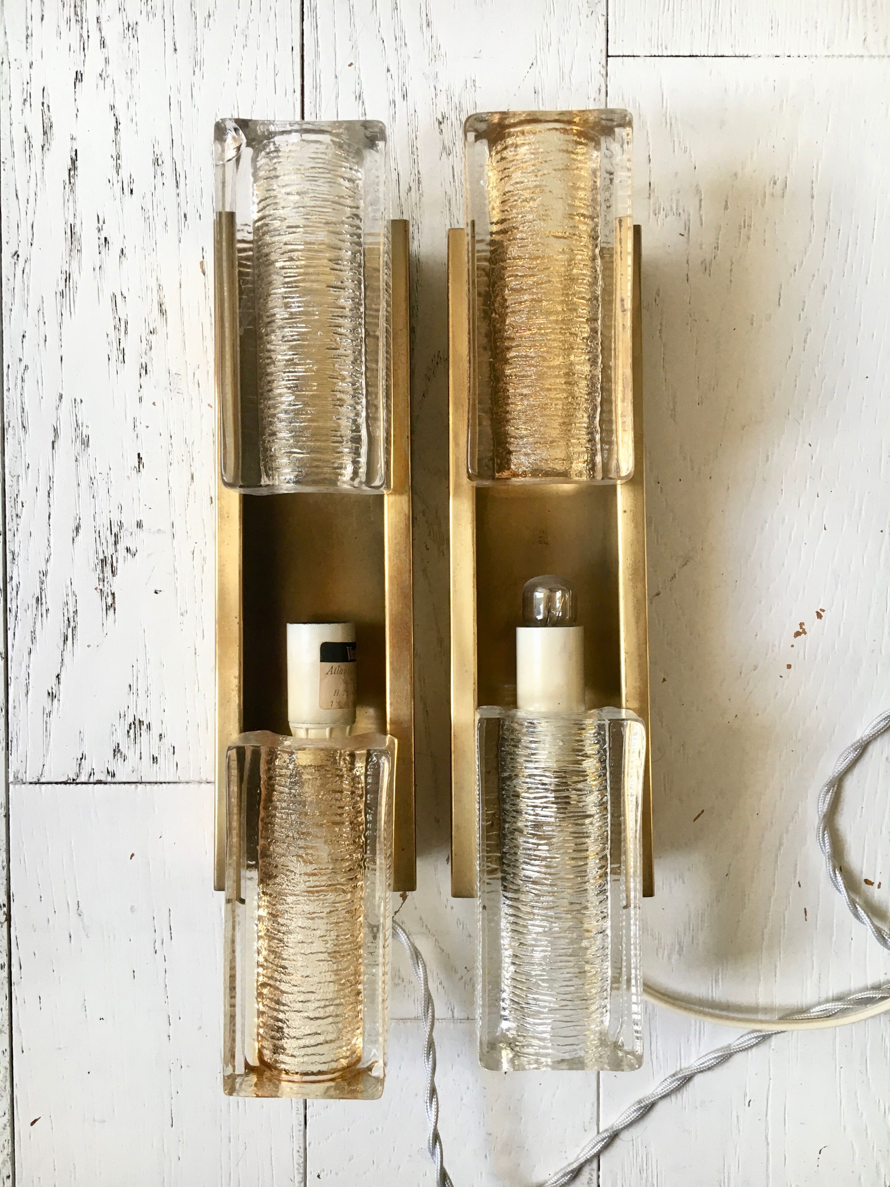 Pair of Vitrika wall lamps in glass and brass