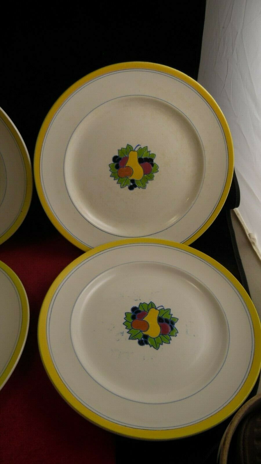 Service 6 flat plates faience Boch La Louvière enamels decoration fruits Art Deco