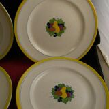 Service 6 assiettes plates faience Boch La Louvière émaux décor fruits Art Déco