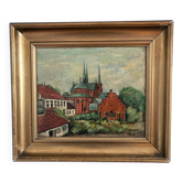 Vintage original church oil painting, European village landscape