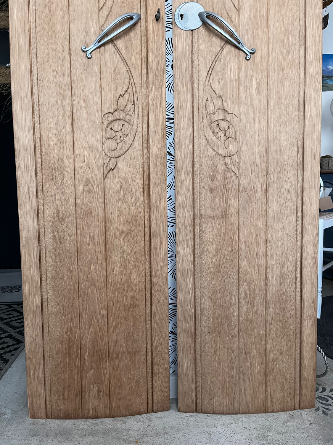Vintage Art Deco duo of doors Rose and Daisy solid oak wood