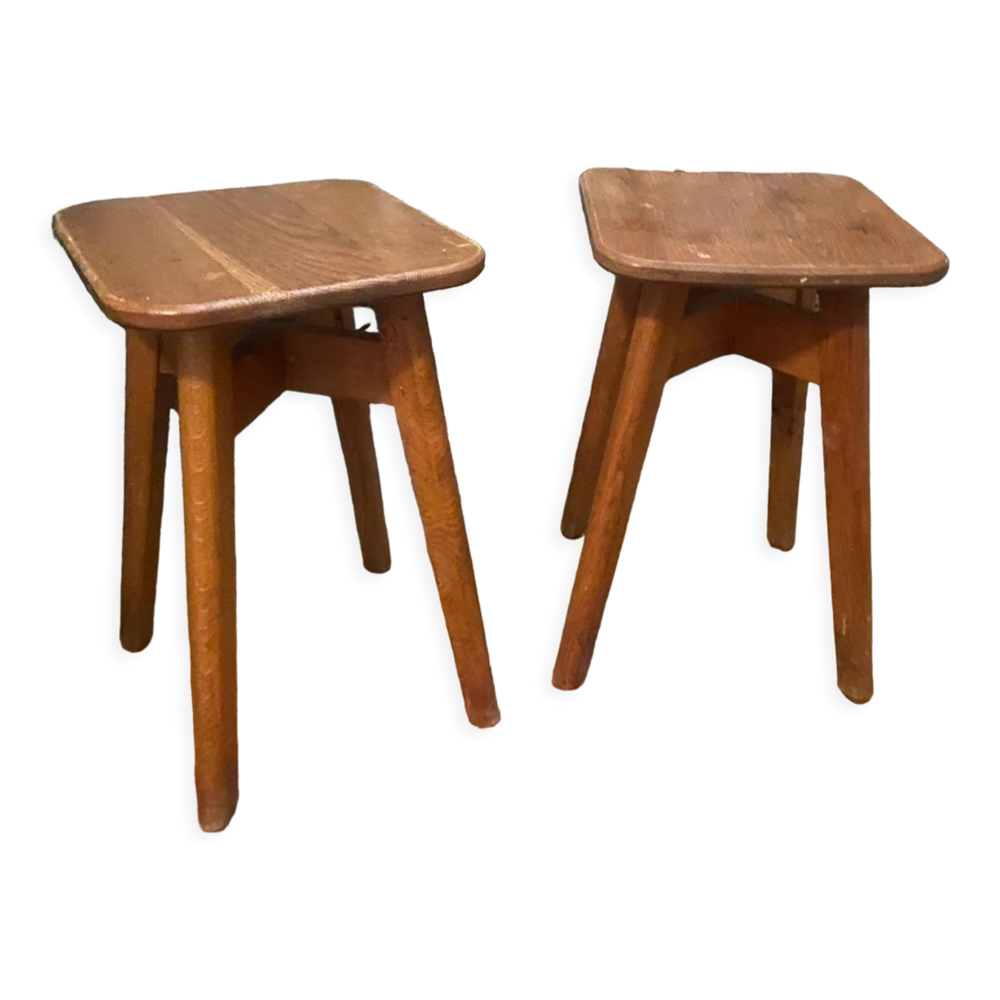 Pair of brutalist solid oak stools