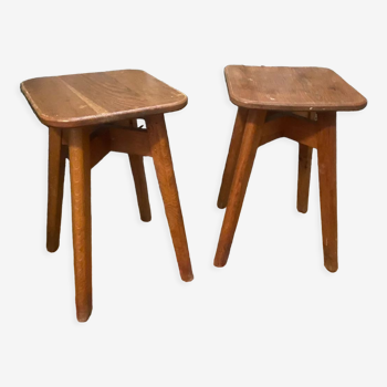 Pair of brutalist solid oak stools