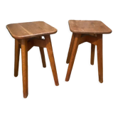 Pair of brutalist solid oak stools