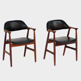 Set of two cowhorn desk arm chairs in black leatherette with teak frame, 1960s