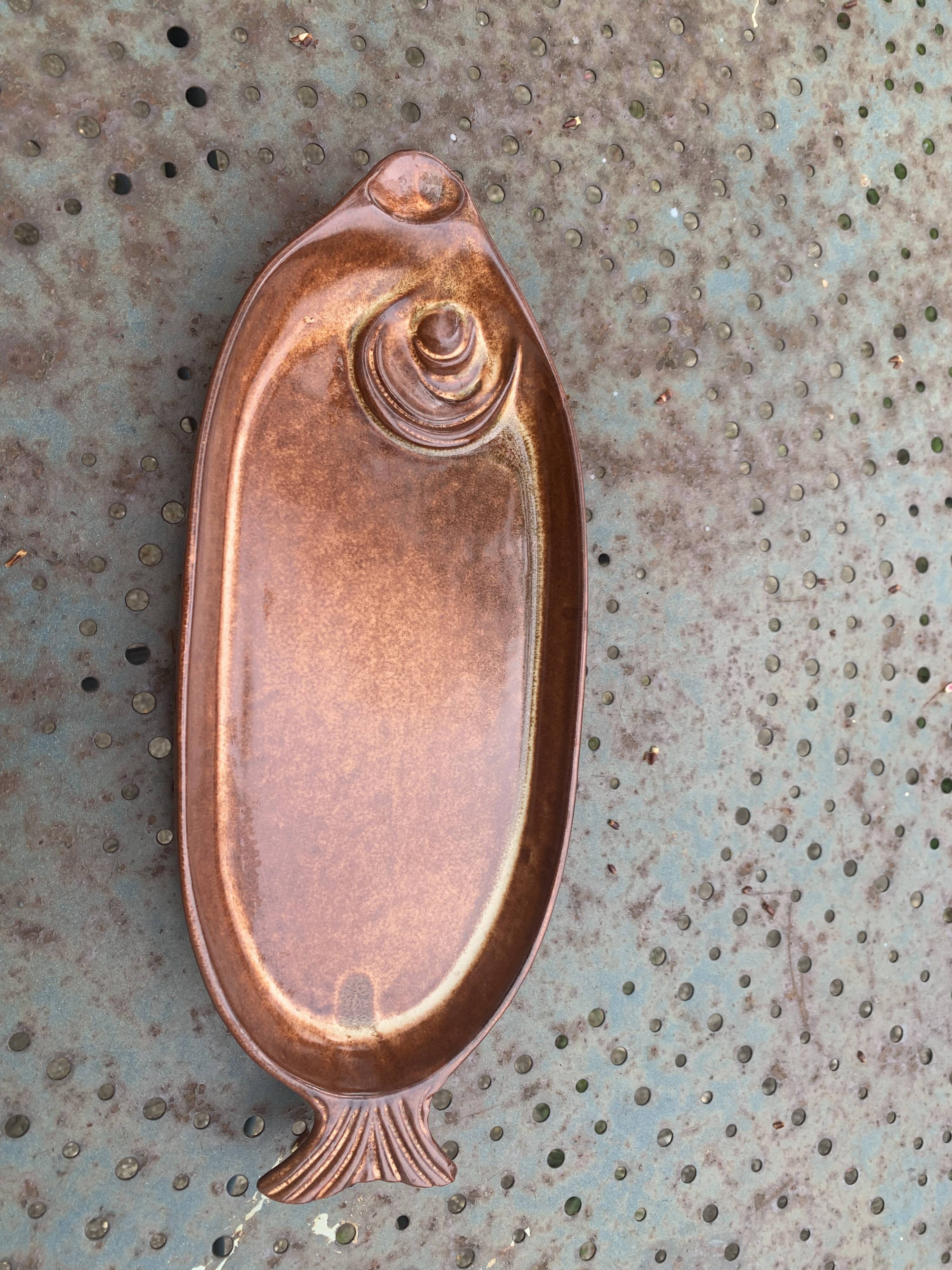 Slurry glazed ceramic dish in the shape of vintage fish