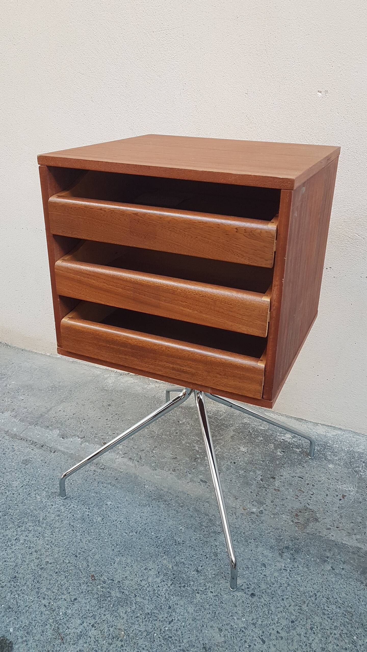 Storage cabinet 3 teak drawers on chrome legs