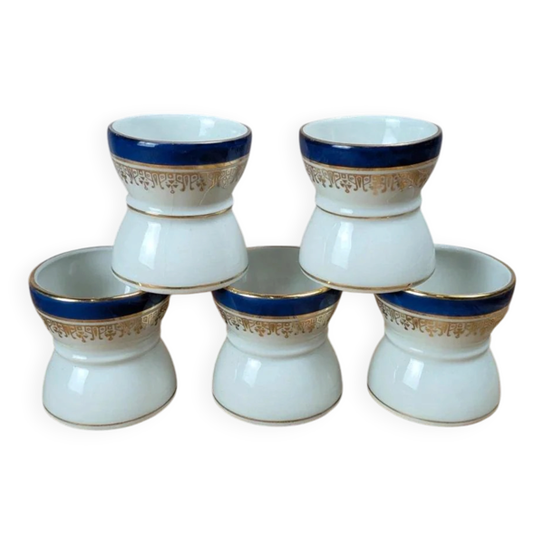 Lot de 5 coquetiers en porcelaine bleu et or – vintage élégant