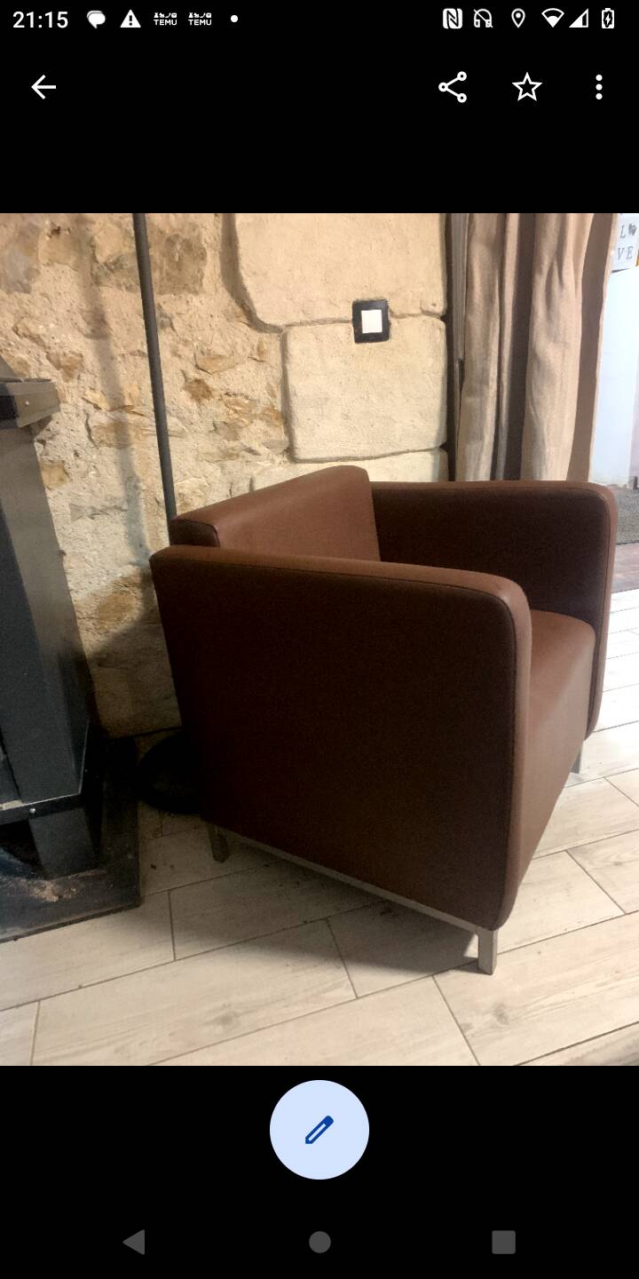 Vintage "club" cube armchair in faux leather with brutalist lines (1980s)