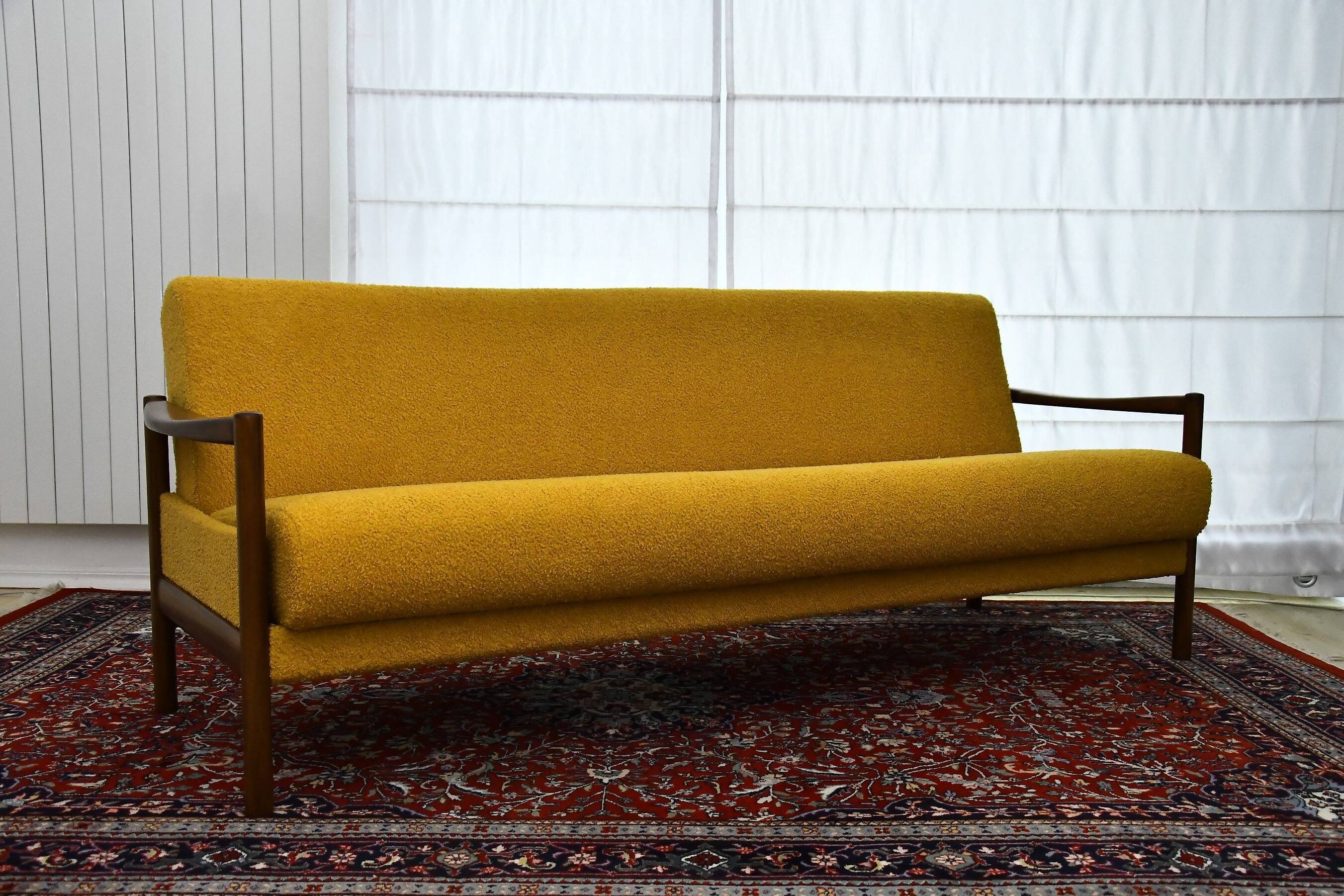 Scandinavian-style yellow boucle sofa with folding function, 1960s