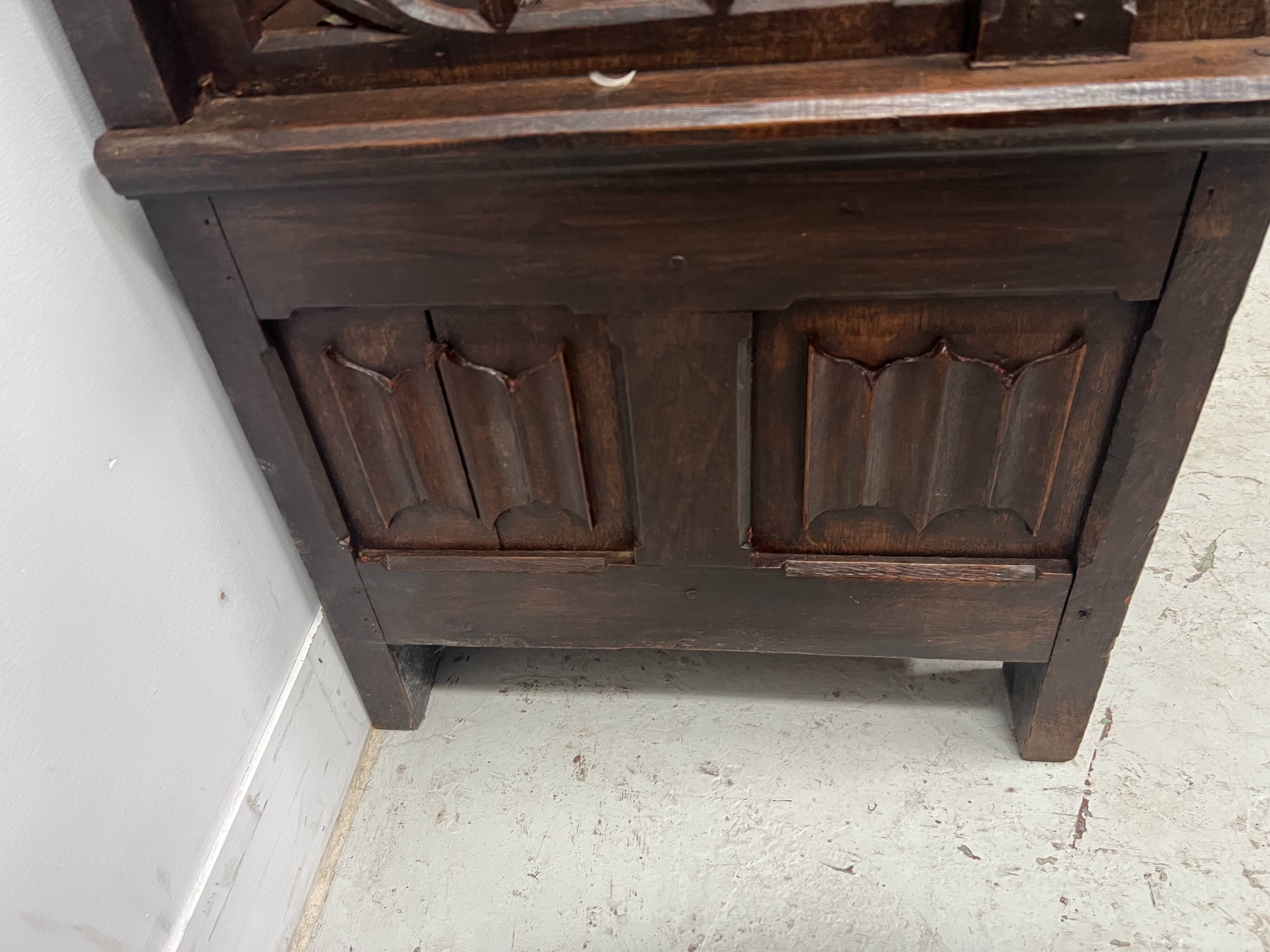Gothic style carved oak chest bench, 19th century