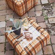 Pair of vintage 70s fabric coffee tables with glass tops