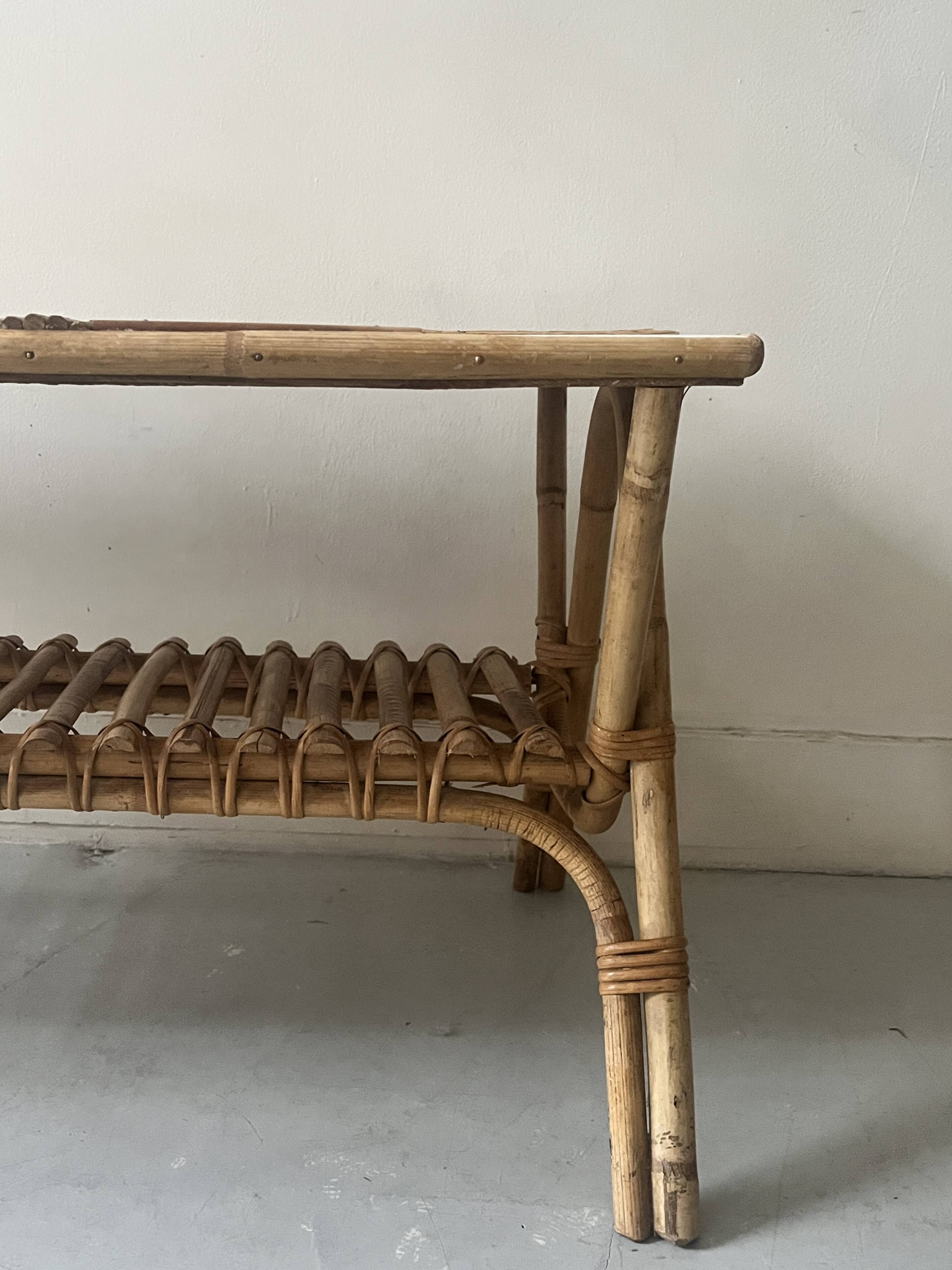 Large Audoux style coffee table in bamboo, rattan & ceramic, France 60