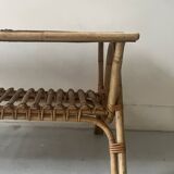 Large Audoux style coffee table in bamboo, rattan & ceramic, France 60